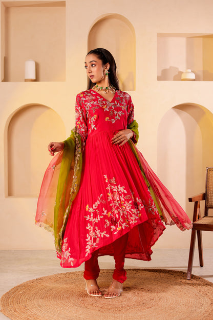 Fuchsia Chinnon Silk Handembroidered Anarkali Set