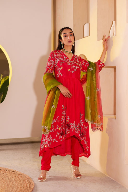 Fuchsia Chinnon Silk Handembroidered Anarkali Set