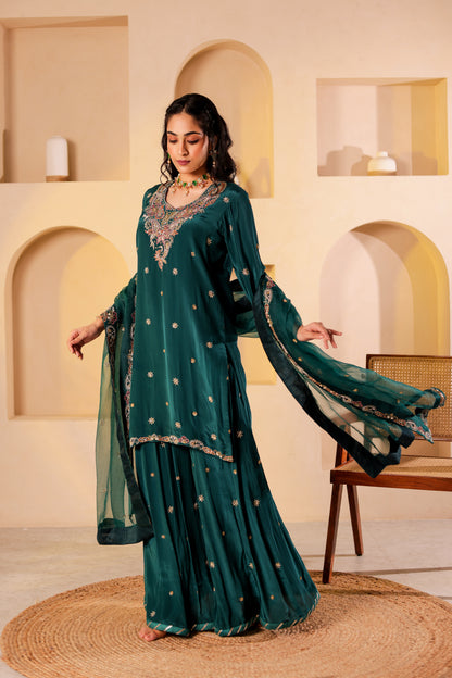 Teal Silk Handembroidered Sharara Set