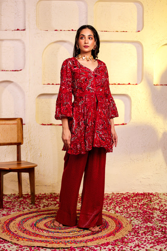 Red Organza Silk Peplum Set
