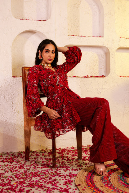 Red Organza Silk Peplum Set