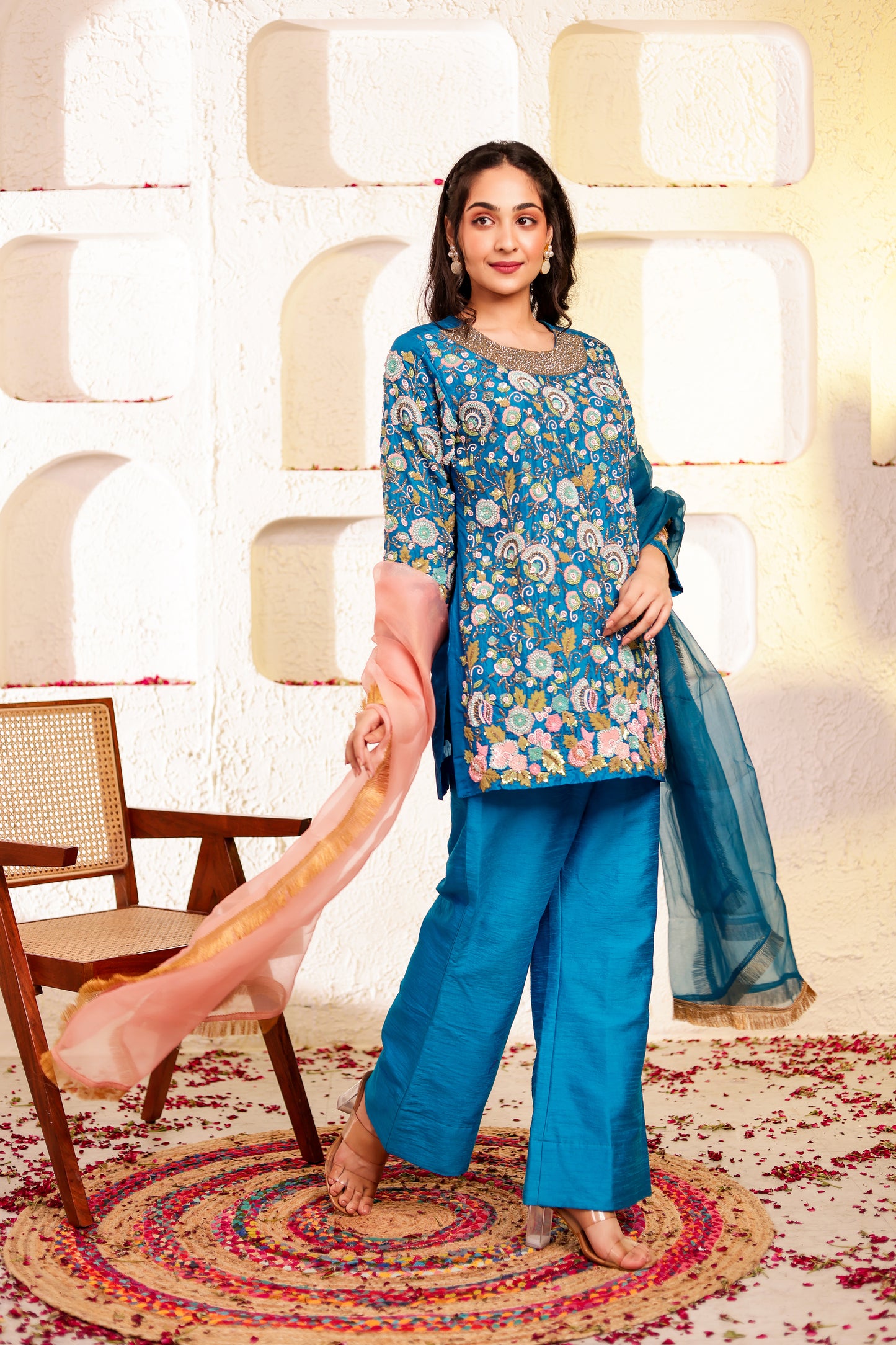 Peacock Silk Handembroidred Short Kurta and Bell Bottom Pants