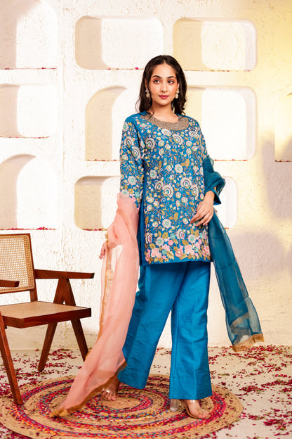 Peacock Silk Handembroidred Short Kurta and Bell Bottom Pants