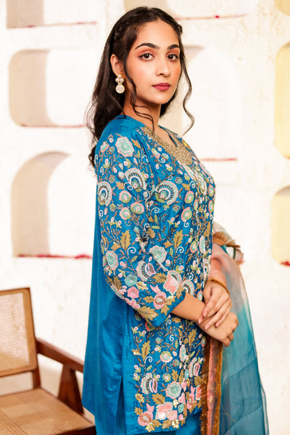 Peacock Silk Handembroidred Short Kurta and Bell Bottom Pants