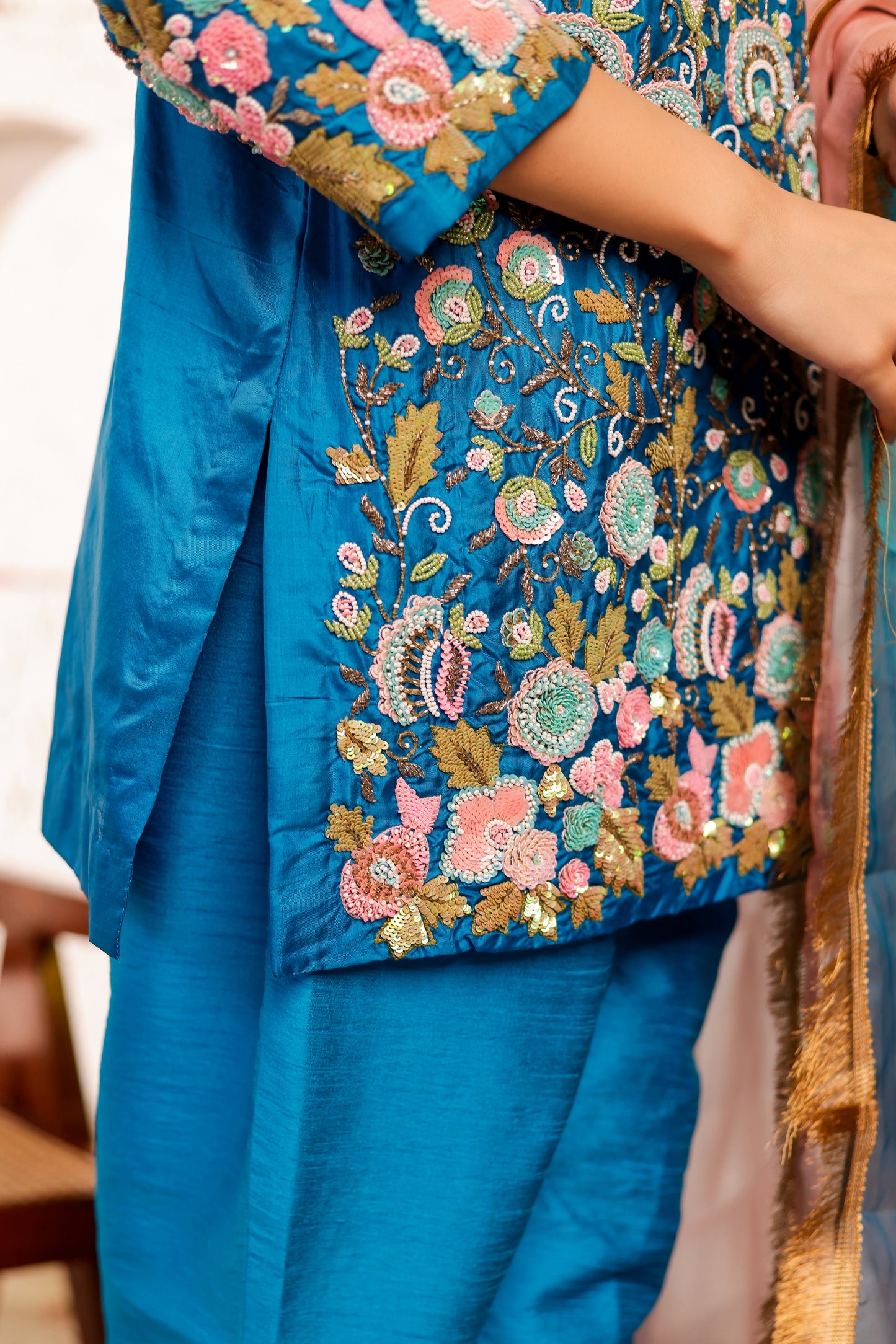 Peacock Silk Handembroidred Short Kurta and Bell Bottom Pants