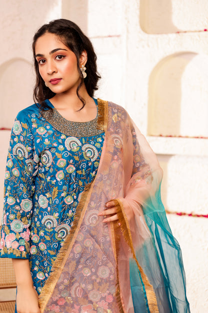 Peacock Silk Handembroidred Short Kurta and Bell Bottom Pants