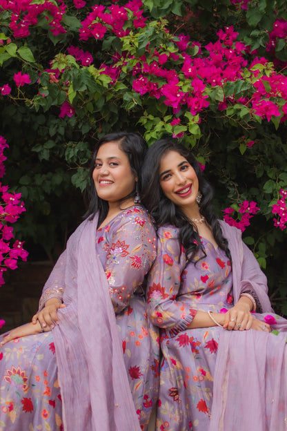 Lilac Digitally Printed Floral Handembroidered Anarkali Set