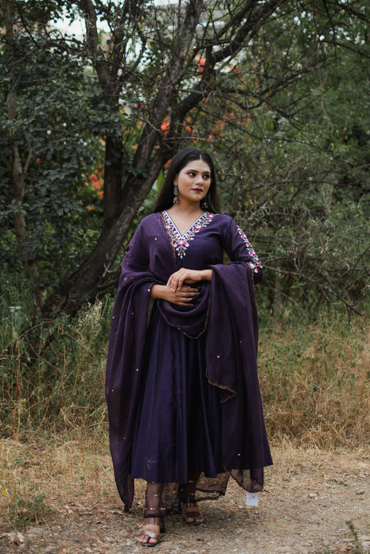Deep Purple Handembroidered Anarkali Set