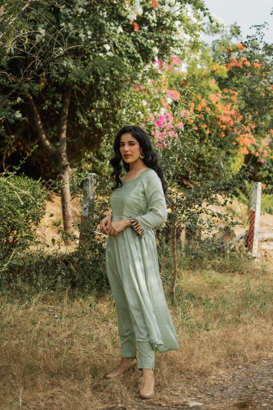 Pista Green Crepe Satin Anarkali Set