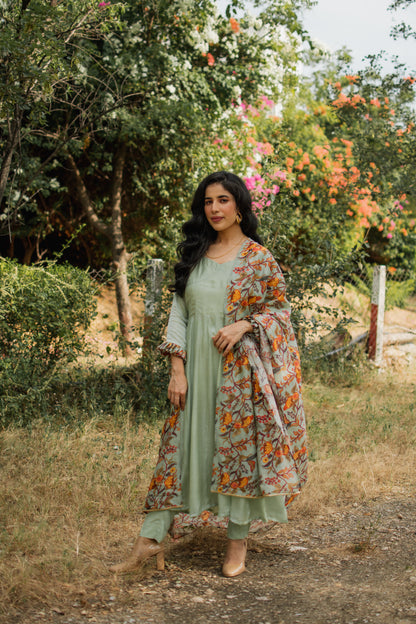 Pista Green Crepe Satin Anarkali Set