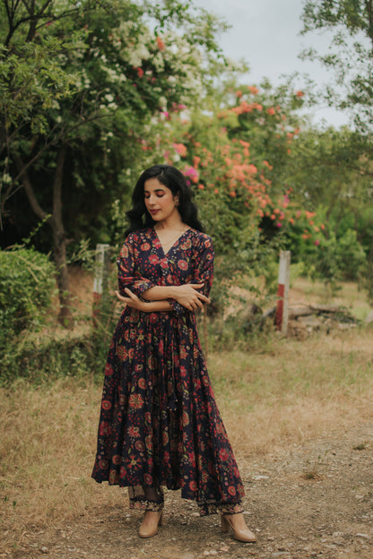 Deep Blue Chanderi Silk Digitally Printed Anarkali Set