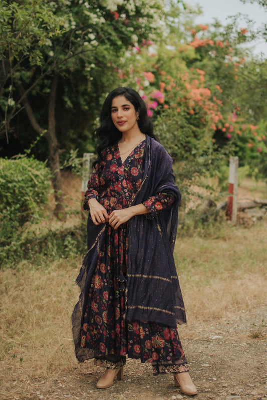 Deep Blue Chanderi Silk Digitally Printed Anarkali Set