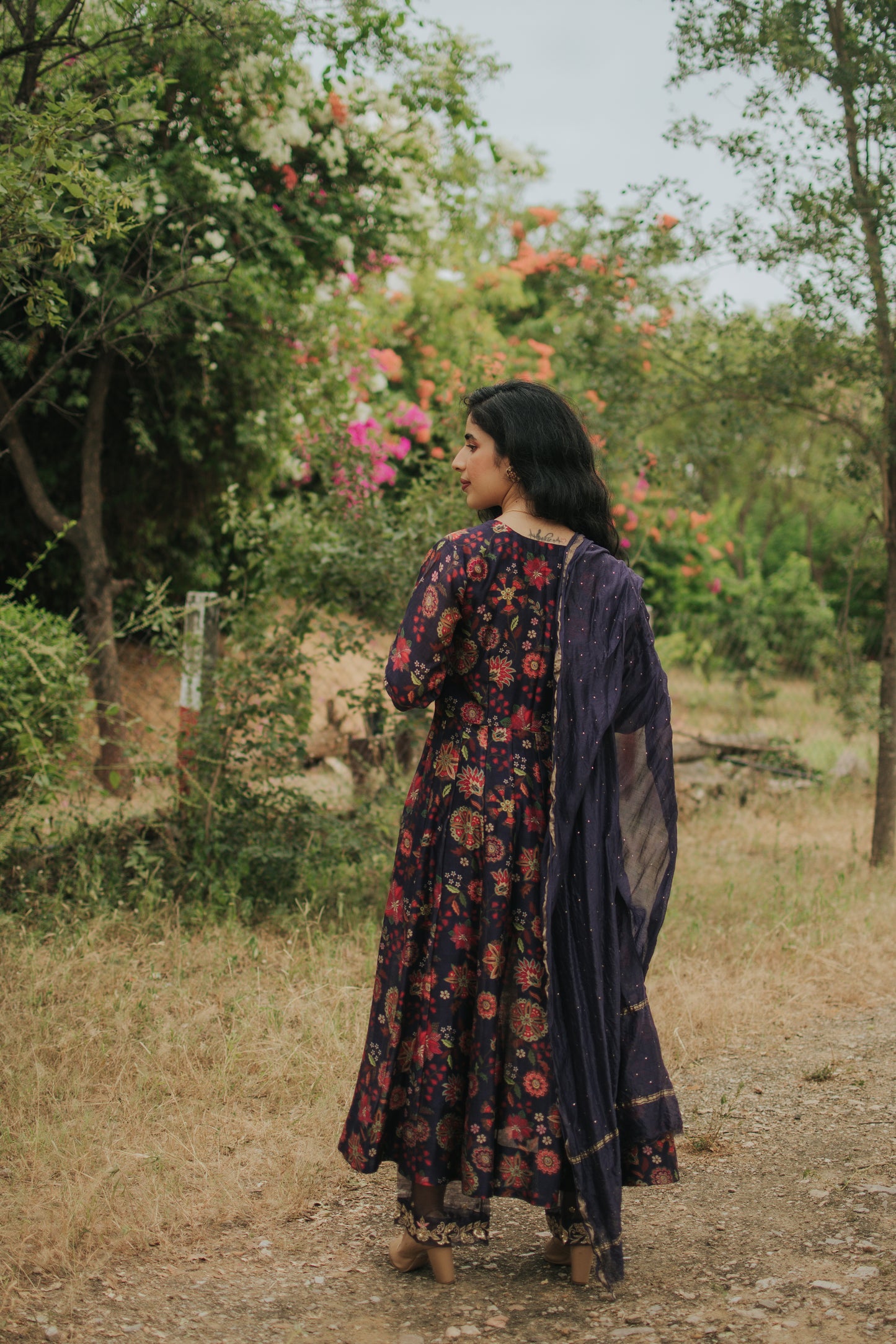 Deep Blue Chanderi Silk Digitally Printed Anarkali Set