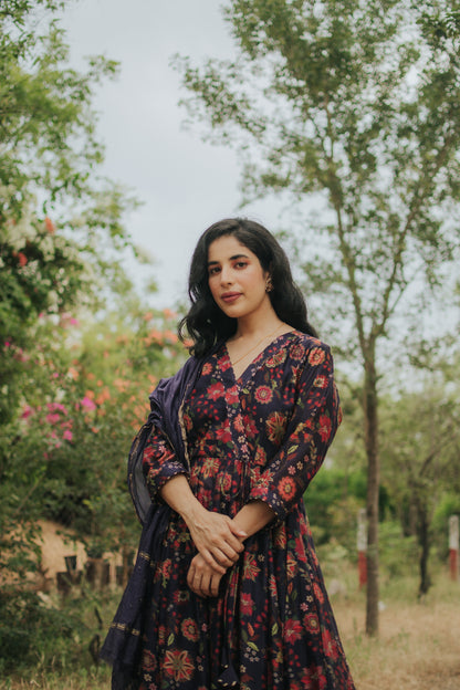 Deep Blue Chanderi Silk Digitally Printed Anarkali Set
