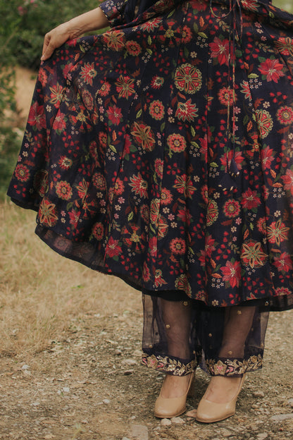Deep Blue Chanderi Silk Digitally Printed Anarkali Set