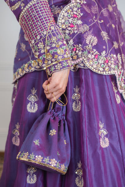 Purple Handembroidered Chanderi Silk Lehenga Set