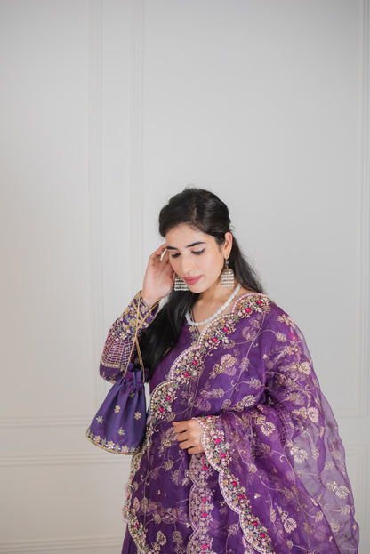 Purple Handembroidered Chanderi Silk Lehenga Set