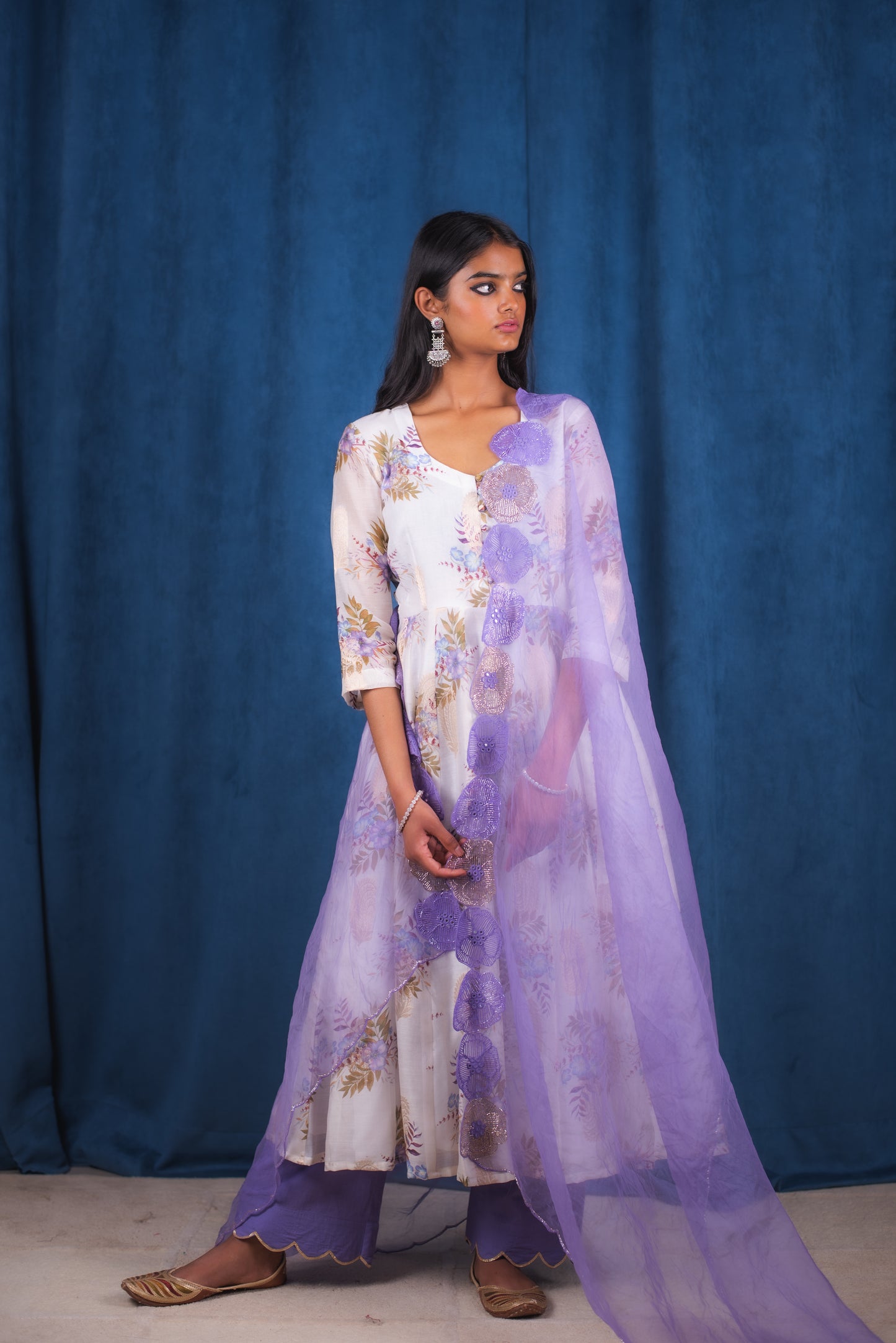 White Digitally Printed Floral Anarkali Set
