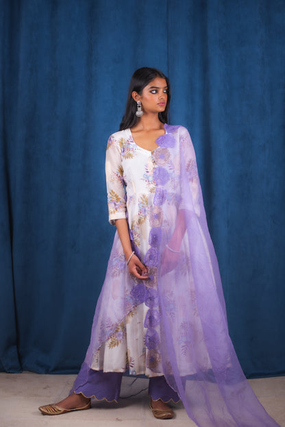 White Digitally Printed Floral Anarkali Set