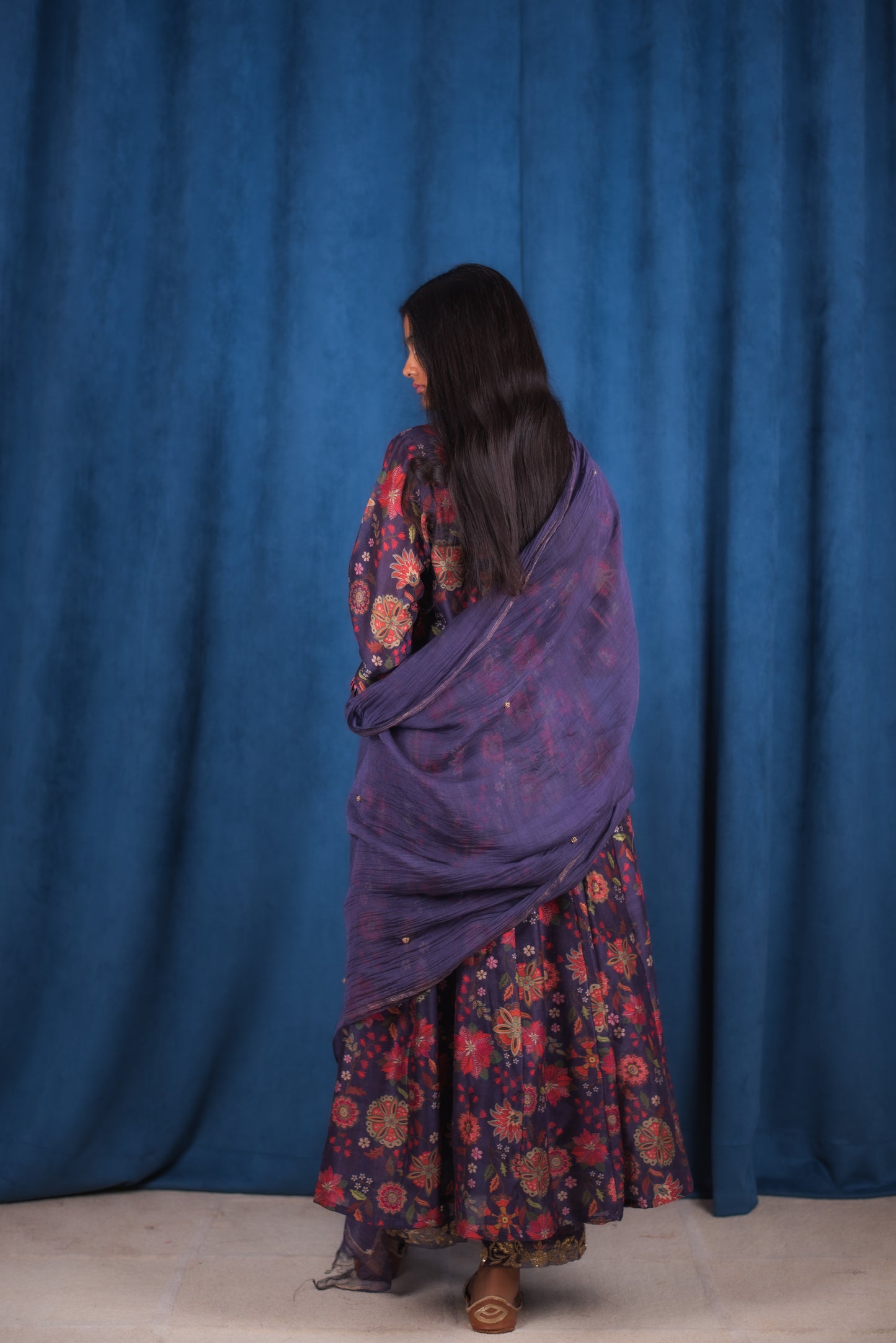 Deep Blue Handembroidered Digitally Printed Anarkali Set
