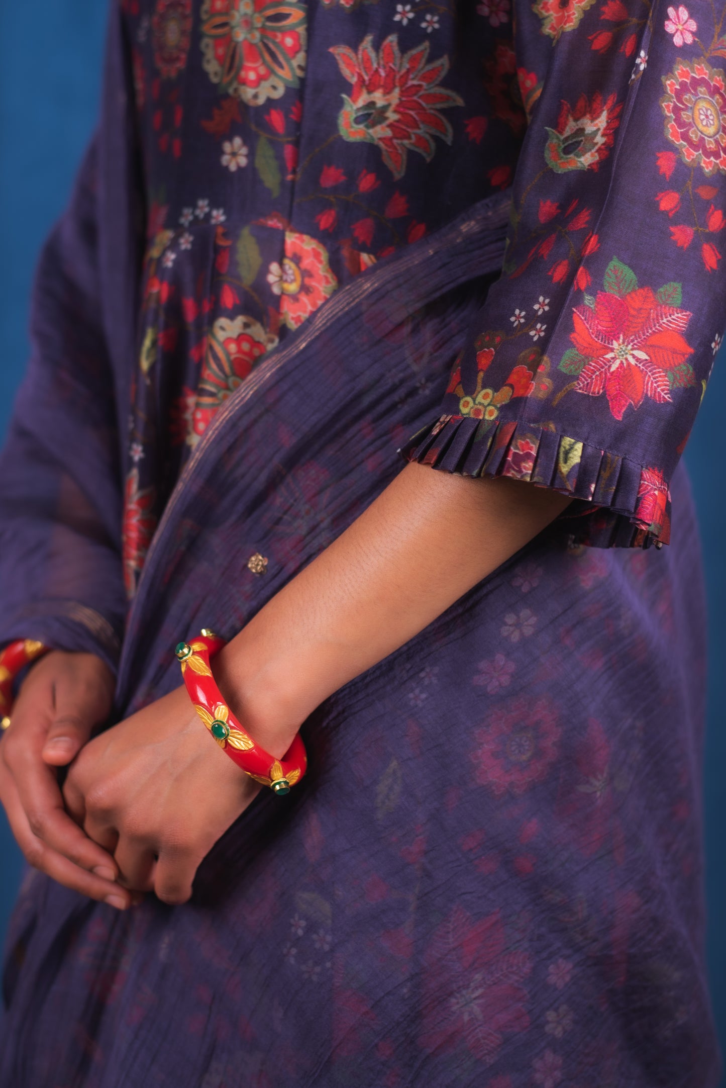 Deep Blue Handembroidered Digitally Printed Anarkali Set