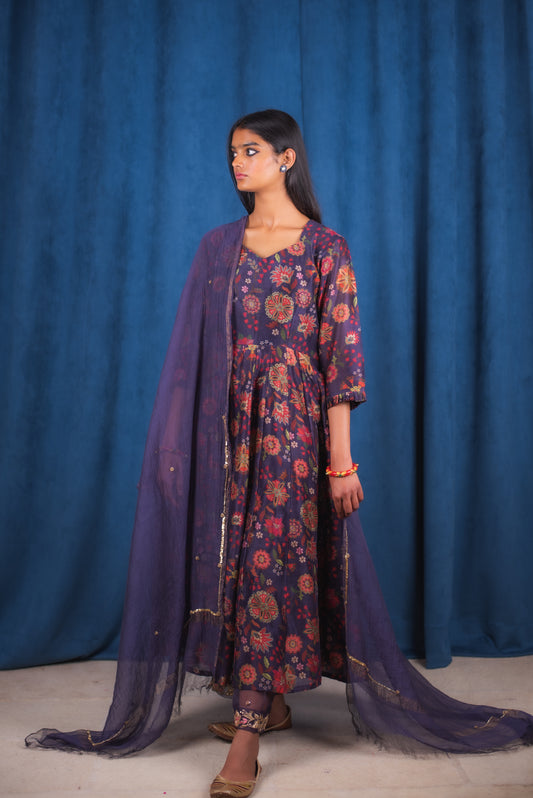 Deep Blue Handembroidered Digitally Printed Anarkali Set