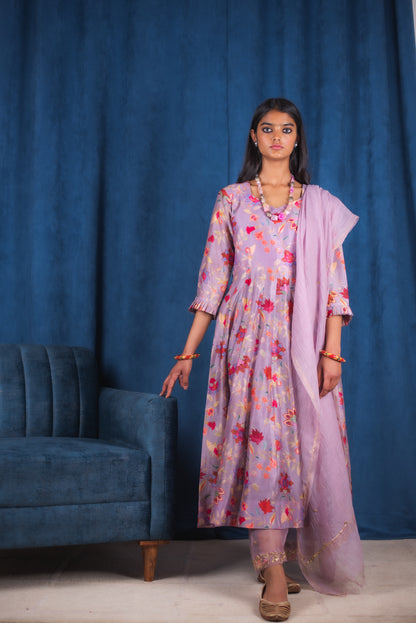 Lilac Digitally Printed Floral Handembroidered Anarkali Set