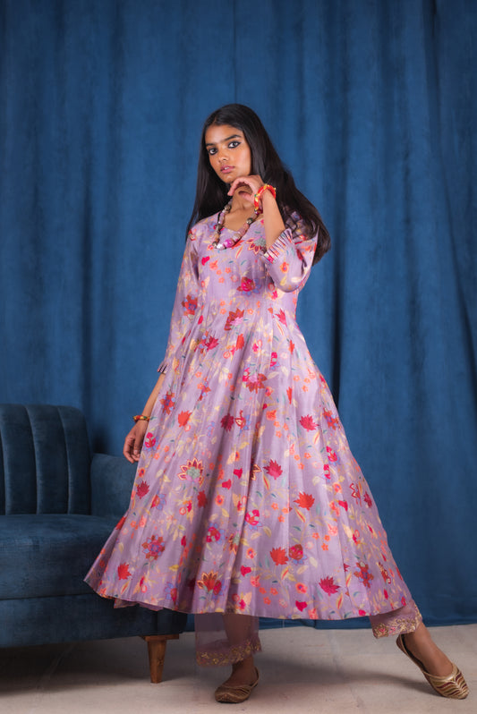 Lilac Digitally Printed Floral Handembroidered Anarkali Set