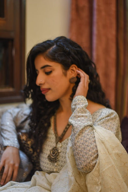 Macaron White Sequence Chanderi Anarkali