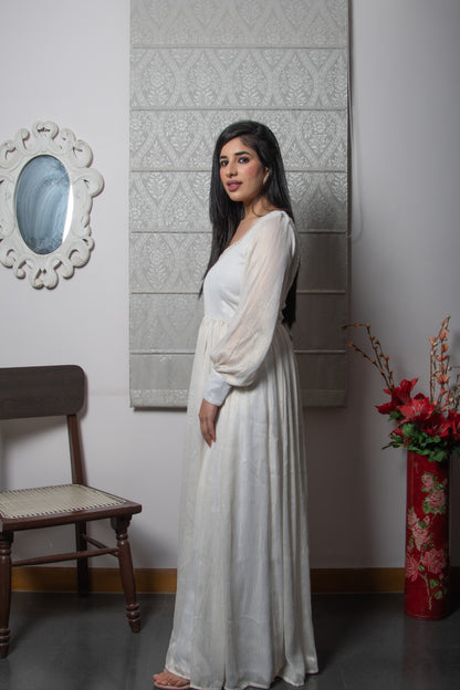 Off White Silk Zari Stripes Gown