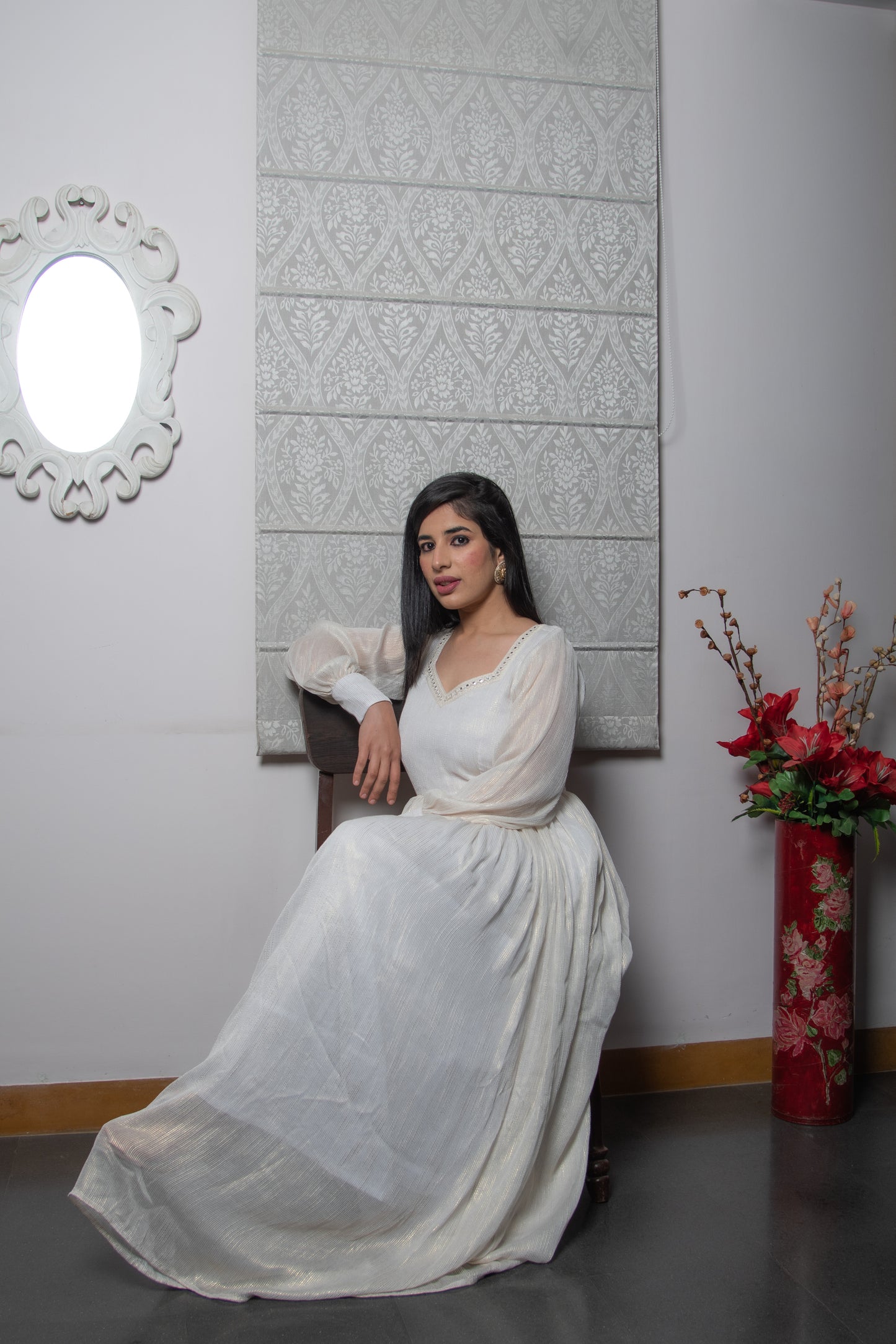 Off White Silk Zari Stripes Gown