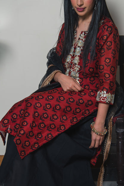 Carmine Block Print Kurta Sharara