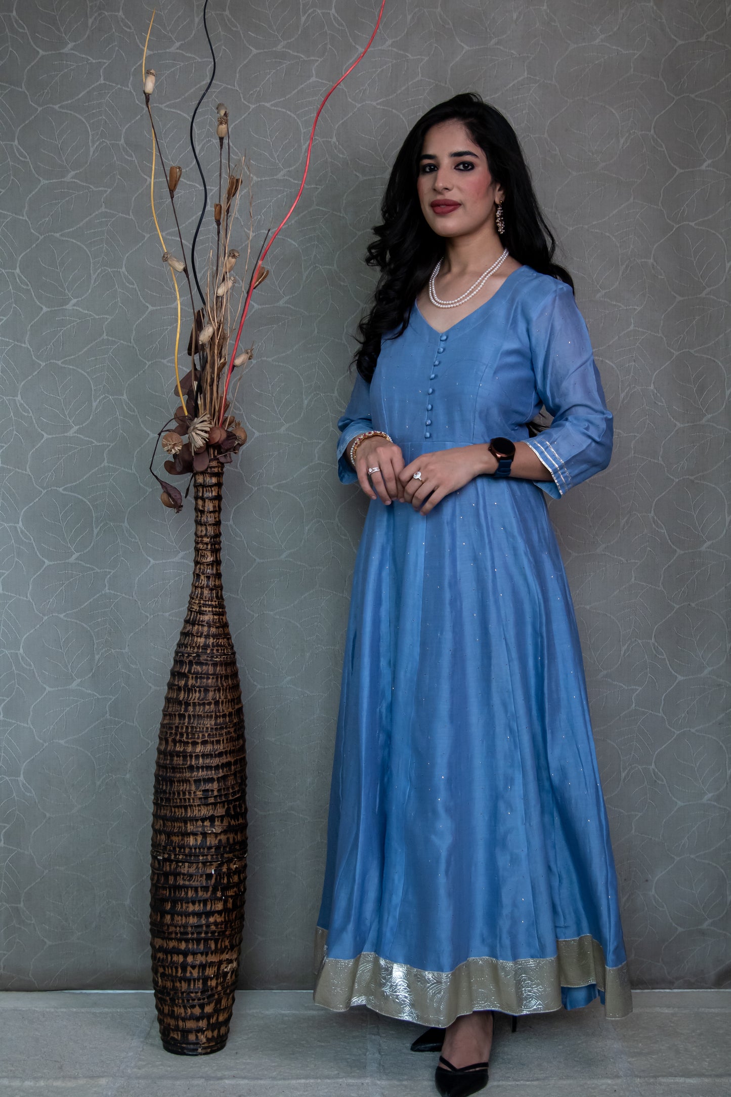 Powder Blue Chanderi Mukaish Anarkali
